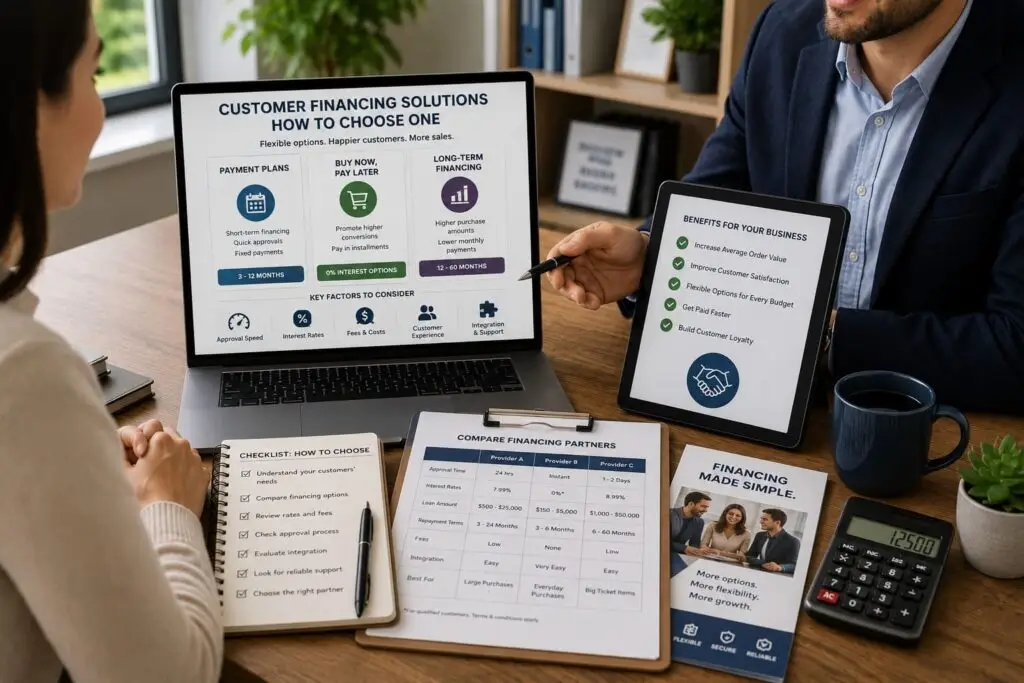 Business consultant presenting customer financing solutions, comparing payment plans, buy now pay later options, long-term financing, and lending partners.