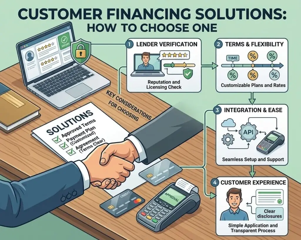Infographic explaining how to choose a customer financing solution by comparing lender verification, flexible terms, system integration, and customer experience.