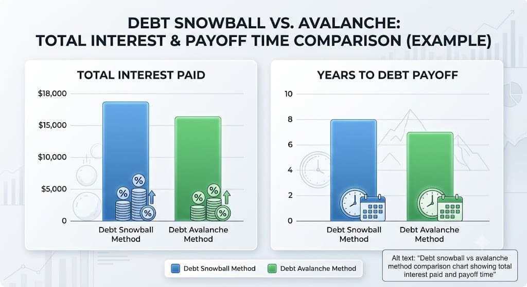 Comparison chart showing debt snowball vs debt avalanche methods with total interest paid and years to debt payoff.