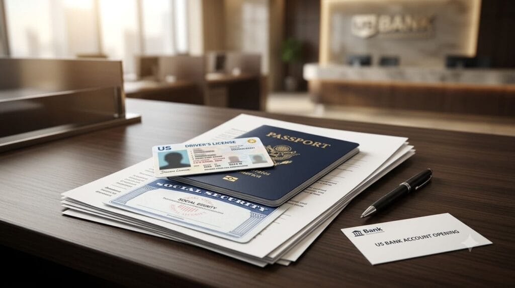 Illustration showing the essential documents required to open a US bank account, including photo ID, SSN or ITIN, proof of address, and initial deposit.