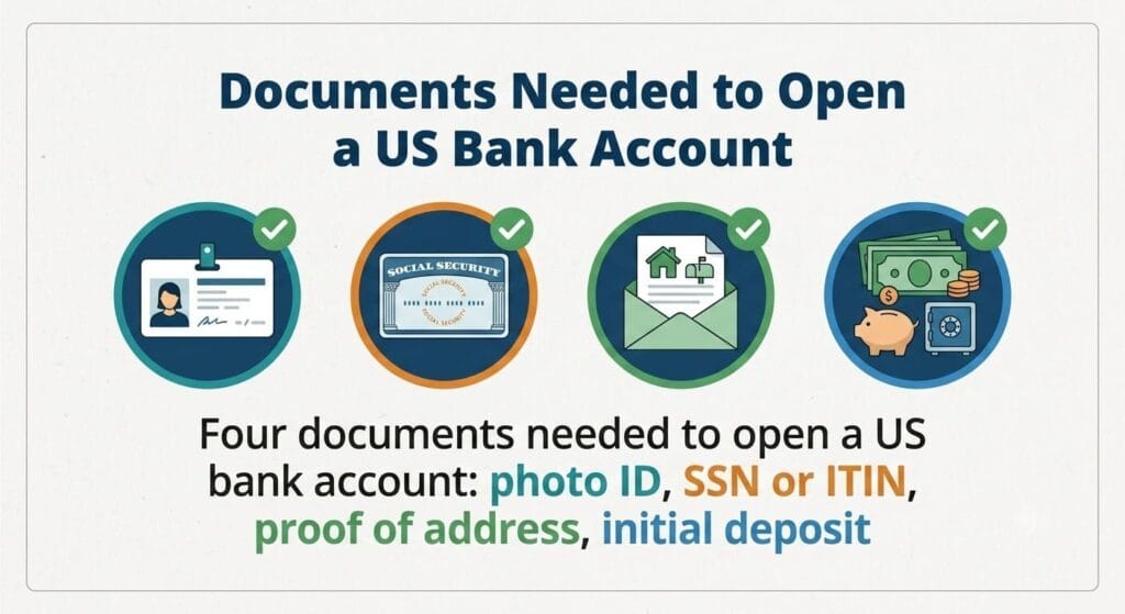 Infographic showing the four essential documents needed to open a U.S. bank account: photo ID, SSN or ITIN, proof of address, and an initial deposit.