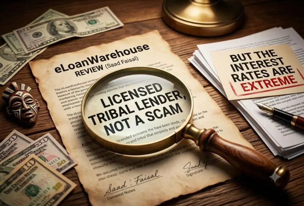 eLoanWarehouse review highlighting lender legitimacy, interest rates, and loan terms with financial documents and a magnifying glass.