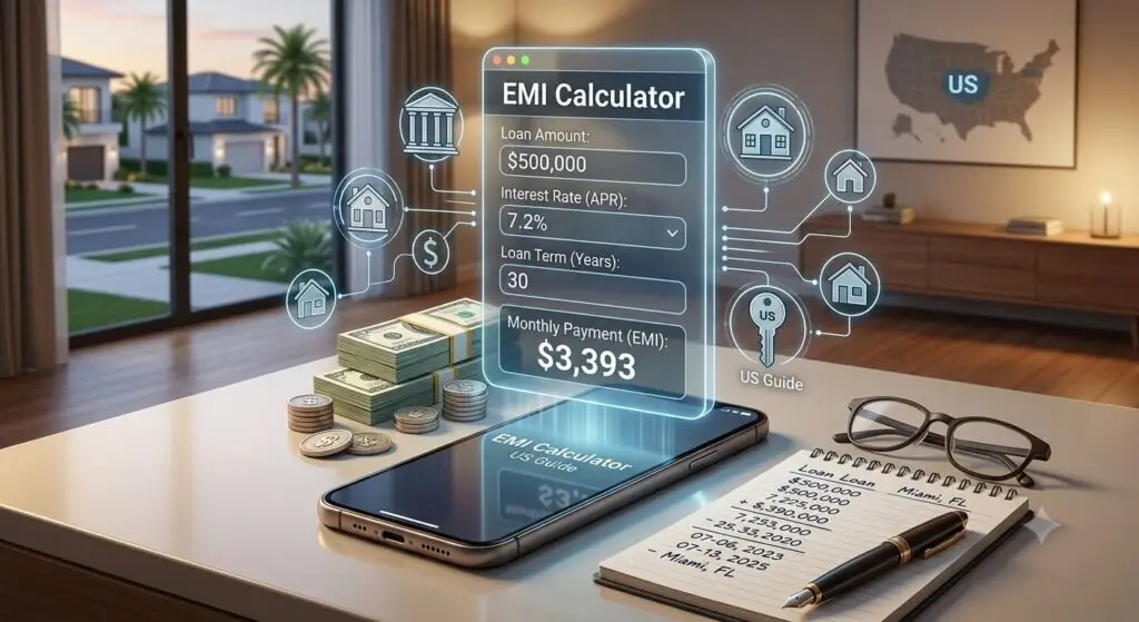 Digital EMI calculator showing a $500,000 home loan, 7.2% interest rate, 30-year term, and estimated monthly payment for a US mortgage.