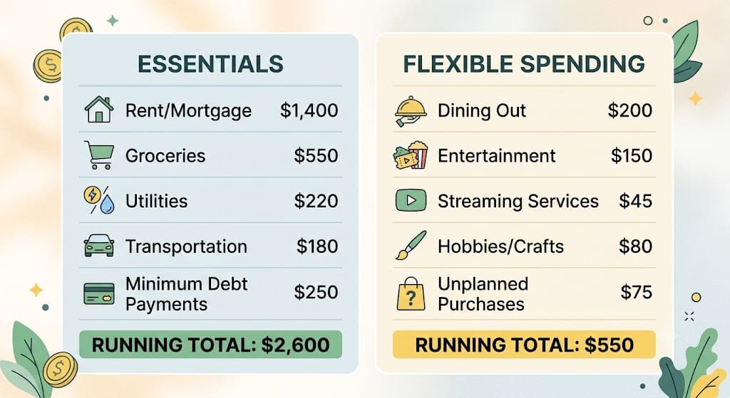 Budgeting infographic comparing essential expenses like rent, groceries, utilities, transportation, and debt payments with flexible spending categories including dining out, entertainment, streaming services, hobbies, and unplanned purchases.