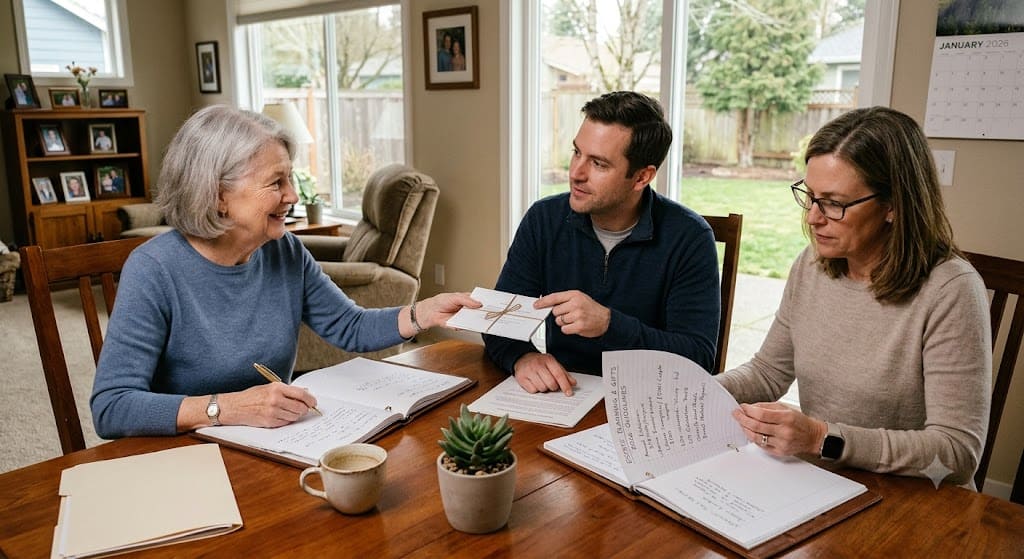 Family members reviewing estate planning documents, including wills and legal paperwork, while discussing inheritance, beneficiary designations, and long-term financial planning at home.