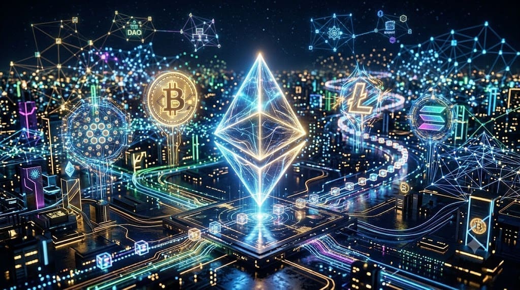 Digital illustration of the Ethereum blockchain surrounded by cryptocurrency icons, decentralized finance (DeFi) networks, and blockchain technology representing Ethereum investing in 2026.