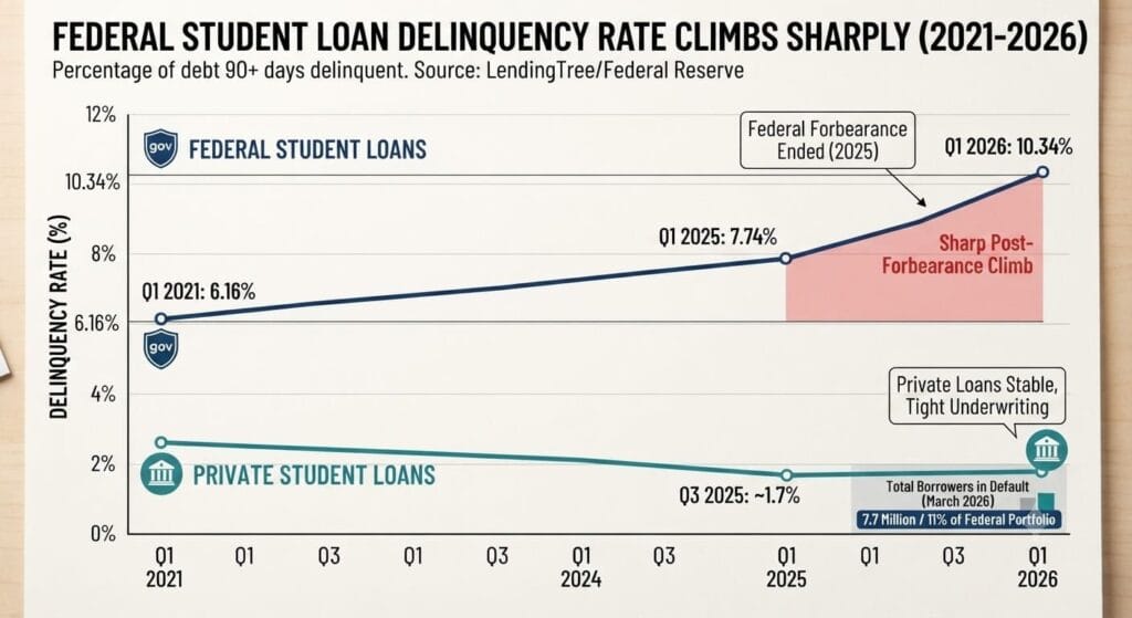 Line chart comparing federal and private student loan delinquency rates from 2021 to 2026, showing a sharp rise in federal loan delinquencies.