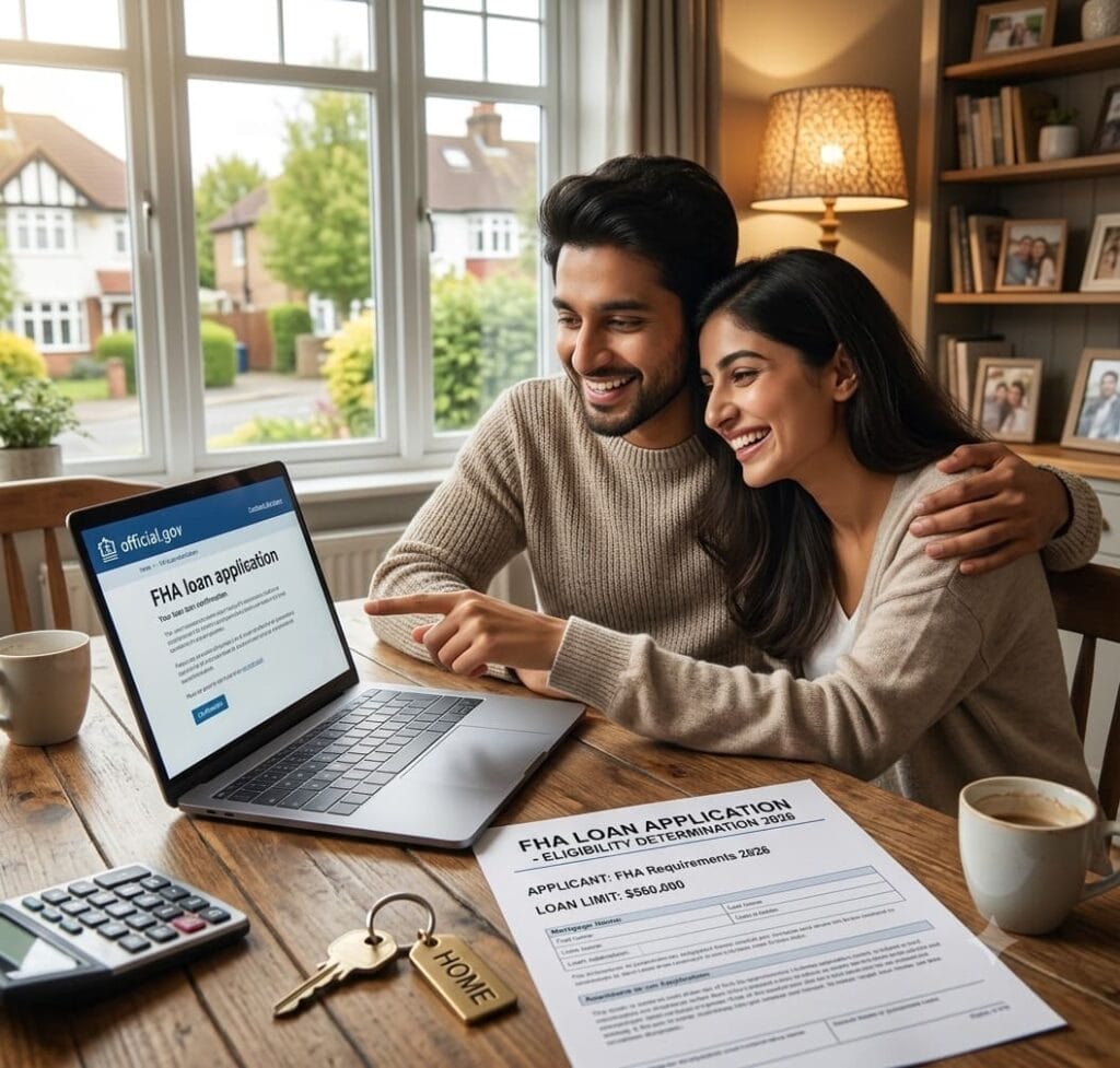 Couple applying for an FHA home loan online with mortgage application documents and house keys on the table.