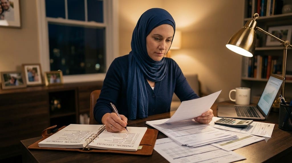Person reviewing financial documents, bills, and account statements at a home office desk while preparing a financial checklist before divorce.