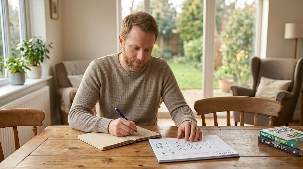 Person reviewing a financial planner and writing yearly financial goals in a notebook at home.