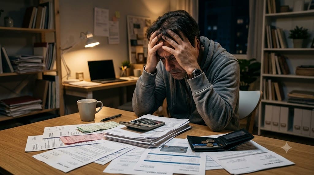 Person sitting at a desk surrounded by bills, receipts, a calculator, and a wallet while looking stressed, illustrating the financial challenges caused by poor money management, debt, and budgeting mistakes.