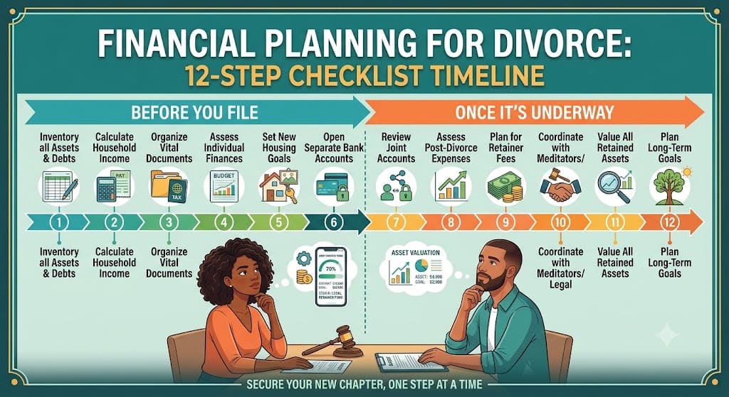 Financial checklist before getting a divorce showing a 12-step timeline divided into "Before You File" and "Once It's Underway," covering financial preparation, asset review, budgeting, and long-term planning.