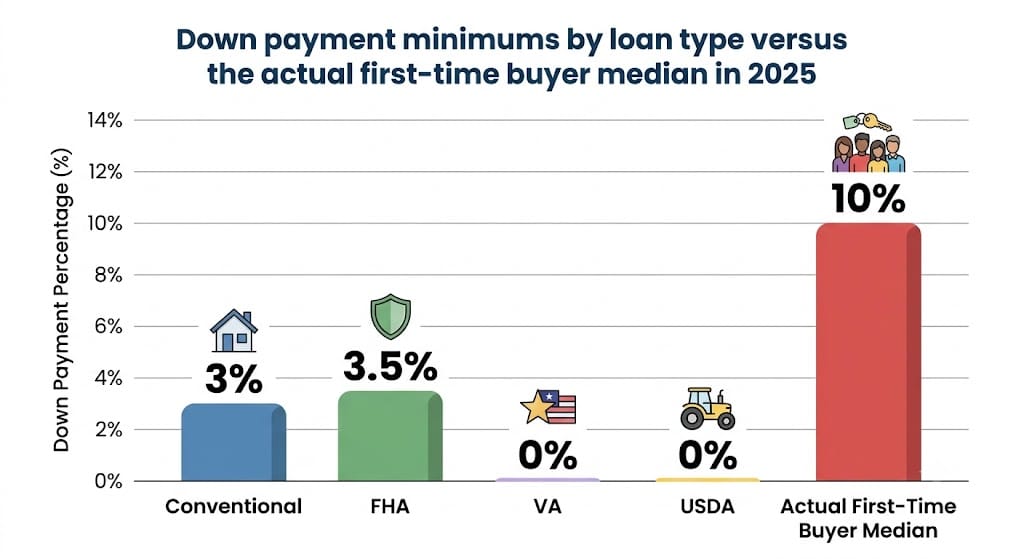 Bar chart comparing 2025 minimum down payment requirements: Conventional 3%, FHA 3.5%, VA 0%, USDA 0%, versus the 10% median down payment made by first-time home buyers.