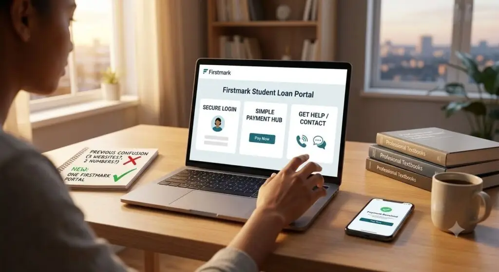 Person using the Firstmark Student Loan Portal to securely log in, make a loan payment, and access customer support online.