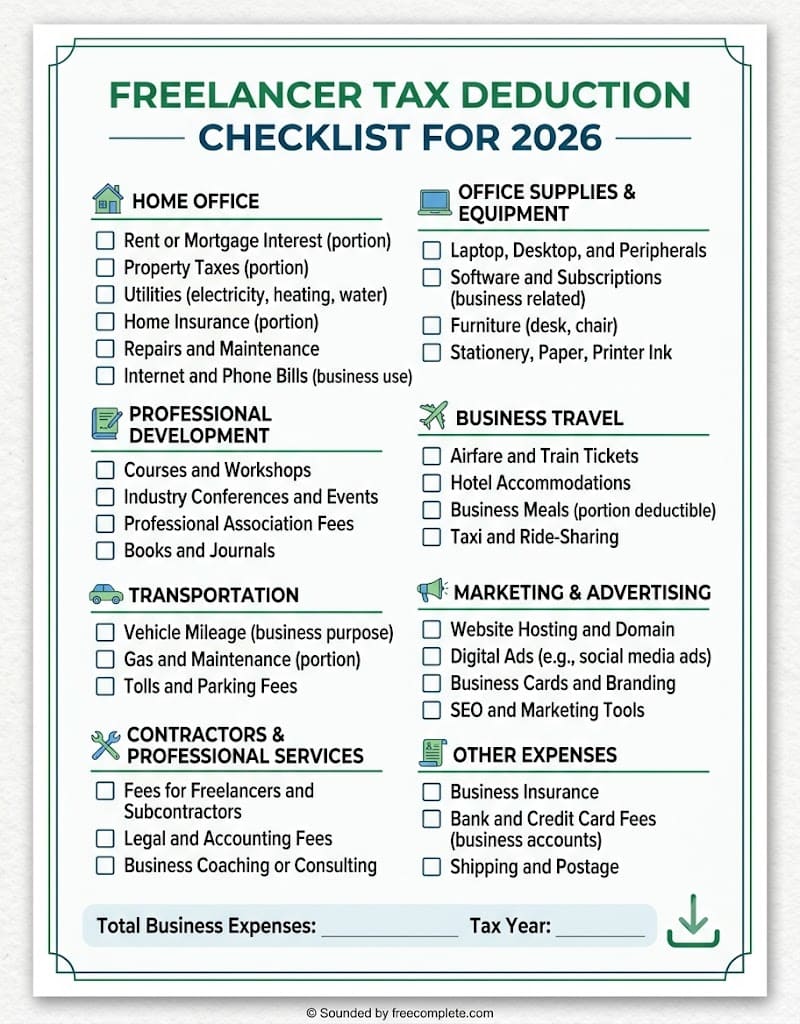 Printable freelancer tax deduction checklist for 2026 featuring deductible business expenses such as home office, office supplies, travel, marketing, transportation, contractors, and professional development.