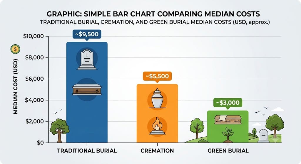 Bar chart comparing average funeral costs for traditional burial, cremation, and green burial, showing estimated costs of $9,500, $5,500, and $3,000.