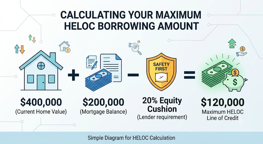 Infographic explaining how to calculate the maximum HELOC borrowing amount using a $400,000 home value, $200,000 mortgage balance, and 20% equity requirement.