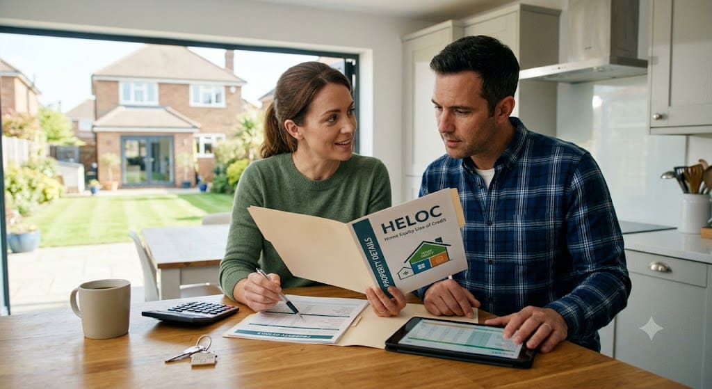 Couple reviewing HELOC documents and financial paperwork while discussing home equity financing in their kitchen.