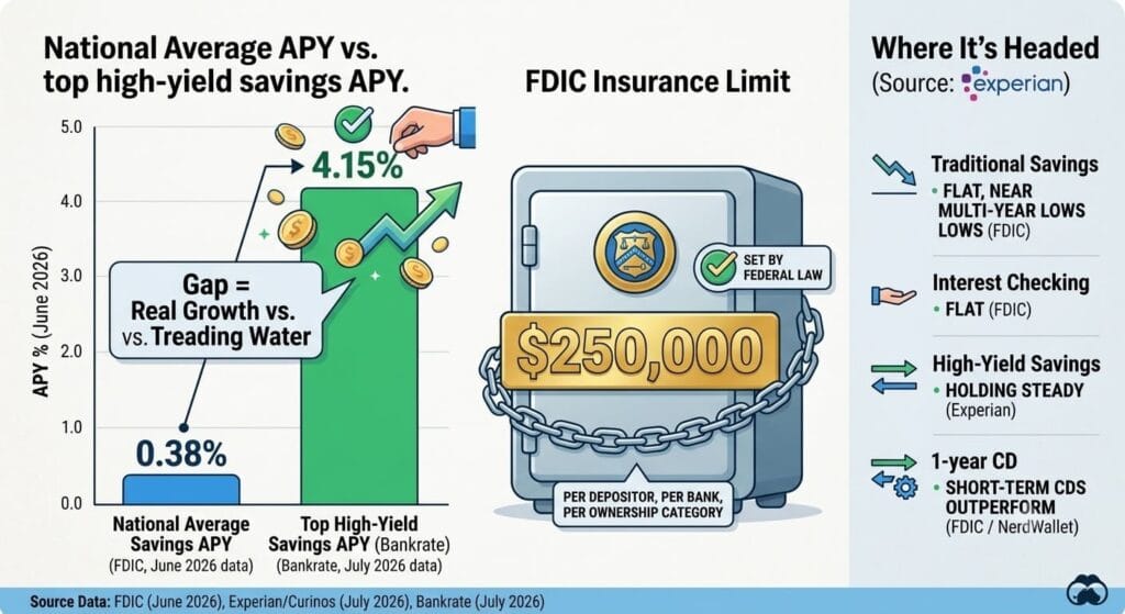 Infographic comparing national average savings APY with high-yield savings account APY, FDIC insurance limits, and 2026 savings trends.