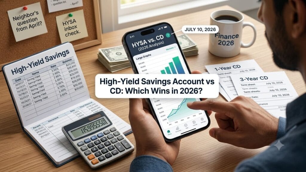 Person comparing High-Yield Savings Account and Certificate of Deposit options on a smartphone with calculator and financial documents.