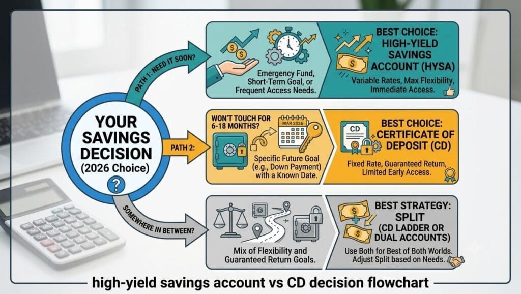 Learn whether a High-Yield Savings Account (HYSA) or Certificate of Deposit (CD) is the better choice with this simple decision flowchart based on your savings goals.