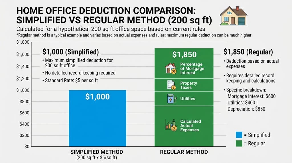 Infographic comparing the simplified and regular home office tax deduction methods for 2026, including deduction amounts, mortgage interest, property taxes, utilities, depreciation, and record-keeping requirements.