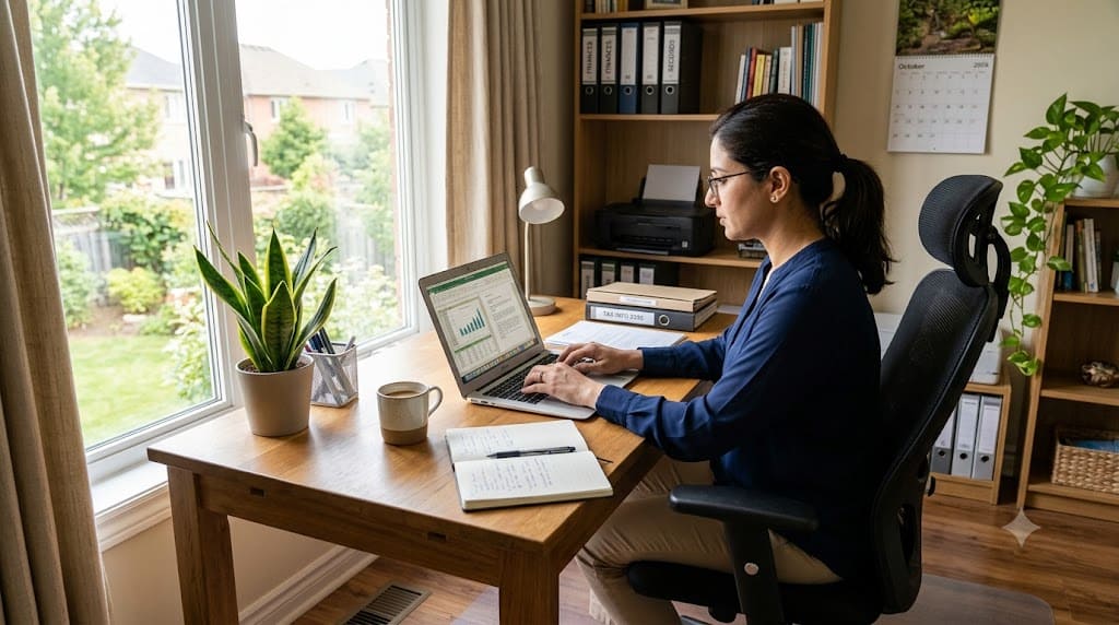 Person working from a dedicated home office with a laptop and financial records, representing the 2026 home office tax deduction rules and eligibility for self-employed taxpayers.