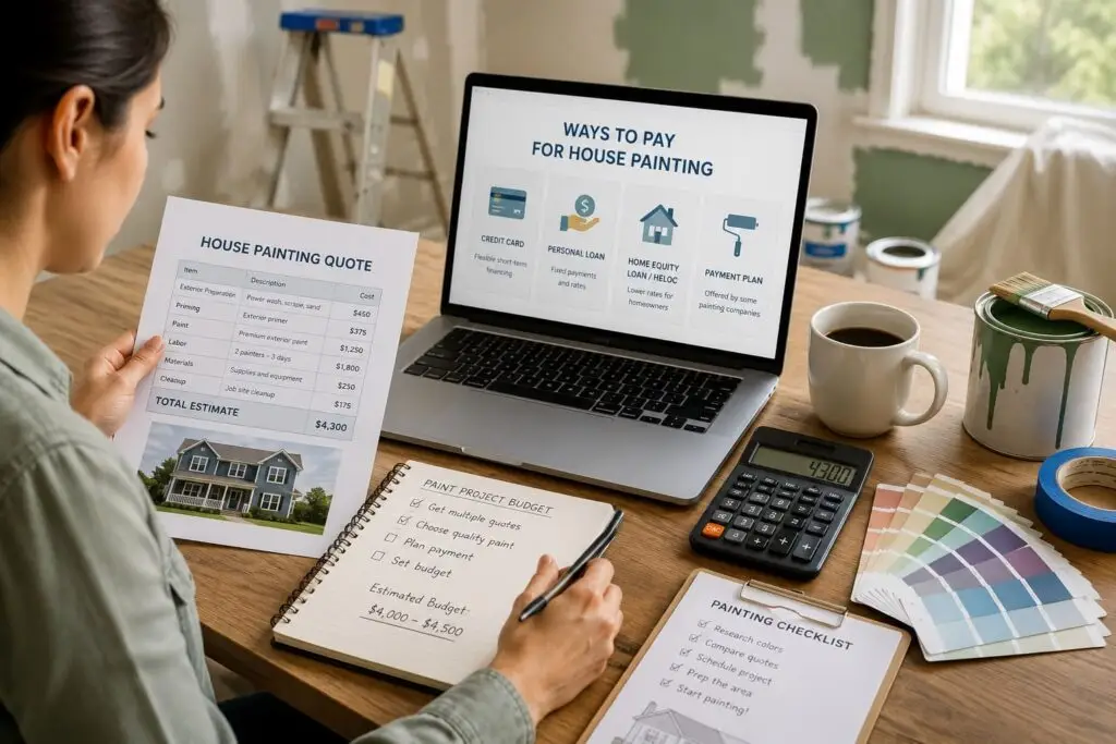 Homeowner comparing house painting quotes, financing options, and project budget using a laptop, calculator, and painting checklist.