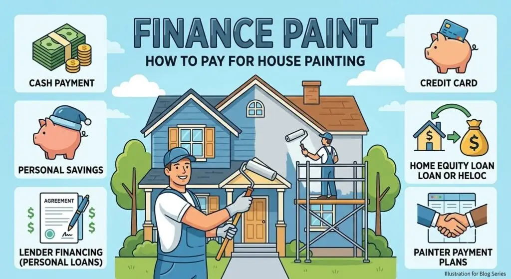 Infographic showing house painting financing options including cash payment, credit card, personal savings, personal loans, home equity loan, HELOC, and painter payment plans.