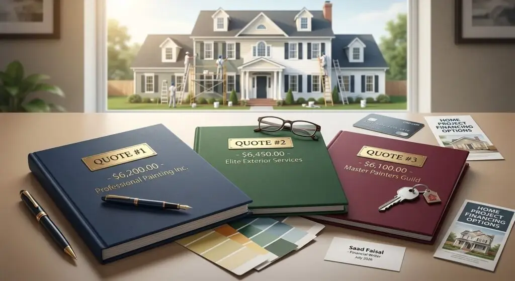 Three house painting quotes with project costs, paint color samples, and home financing brochures for comparing painting contractors and financing options.