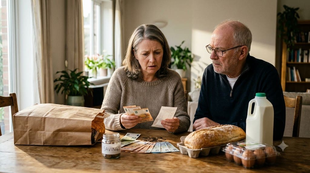 A couple sitting at a dining table reviewing cash and grocery receipts while discussing how inflation impacts their savings and everyday household expenses.