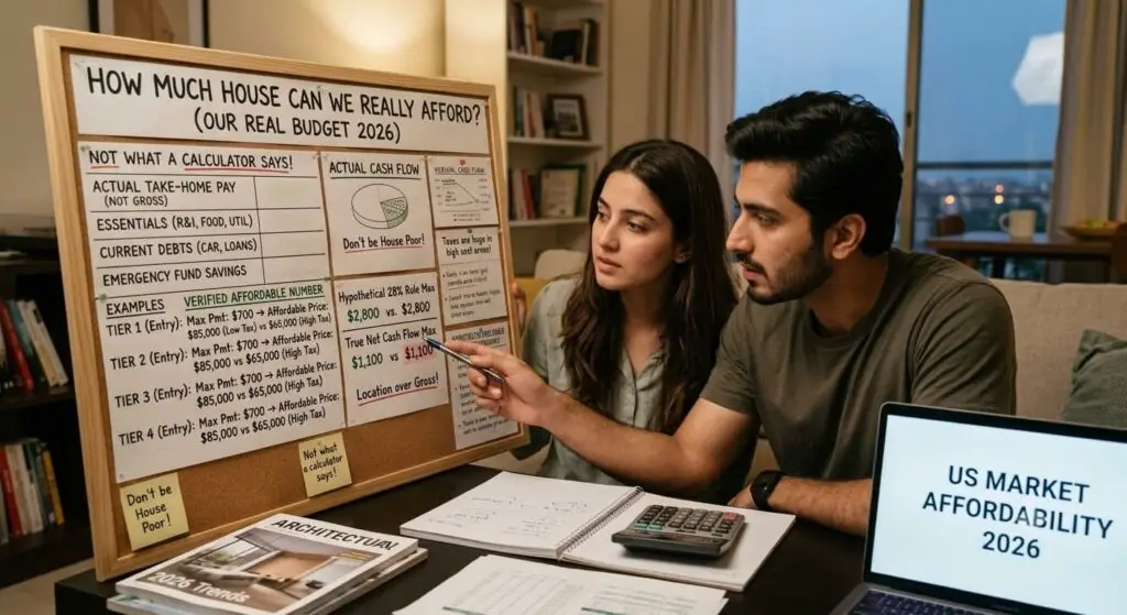 Young couple reviewing a real home affordability budget on a whiteboard with calculator and financial documents to determine how much house they can realistically afford in 2026.
