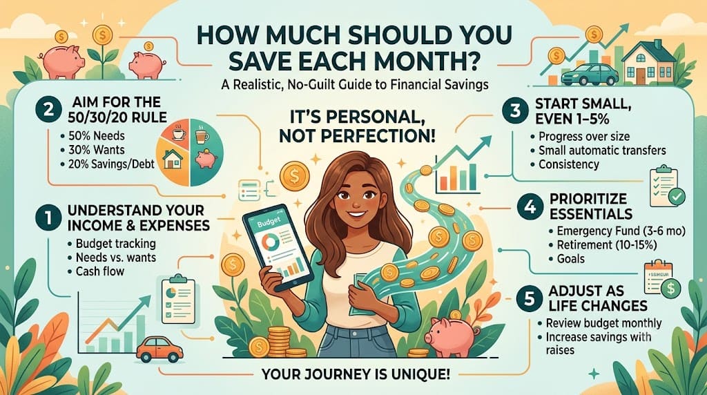 Infographic explaining how much to save each month using the 50/30/20 budgeting rule, emergency fund goals, and practical monthly savings strategies.