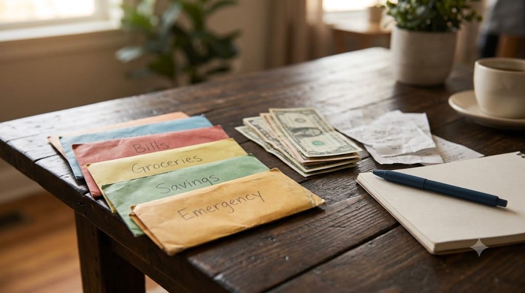 Cash envelopes labeled Bills, Groceries, Savings, and Emergency alongside cash and a notebook, illustrating budgeting for an irregular income.
