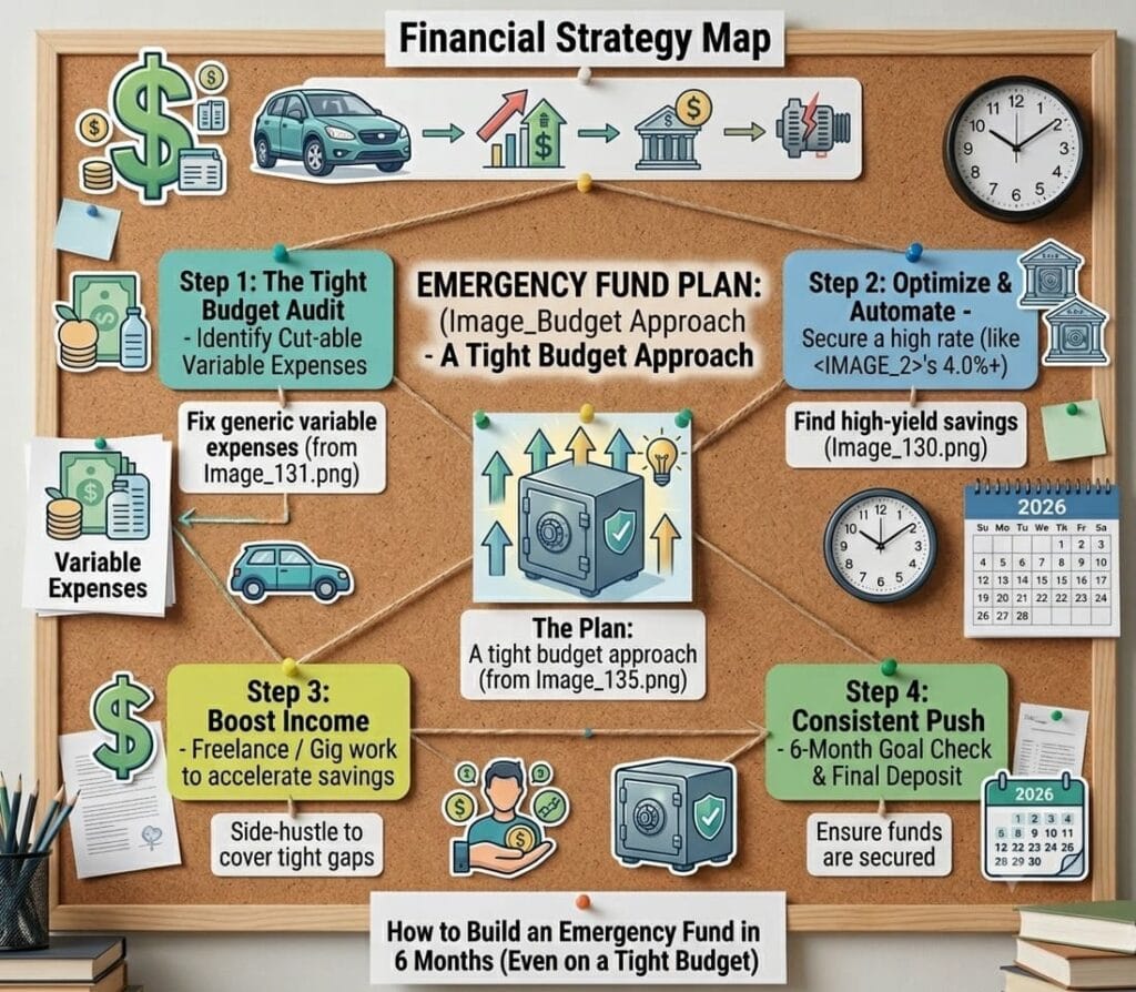 Infographic showing a step-by-step financial strategy map for building an emergency fund in six months through budgeting, saving, increasing income, and consistent monthly contributions.