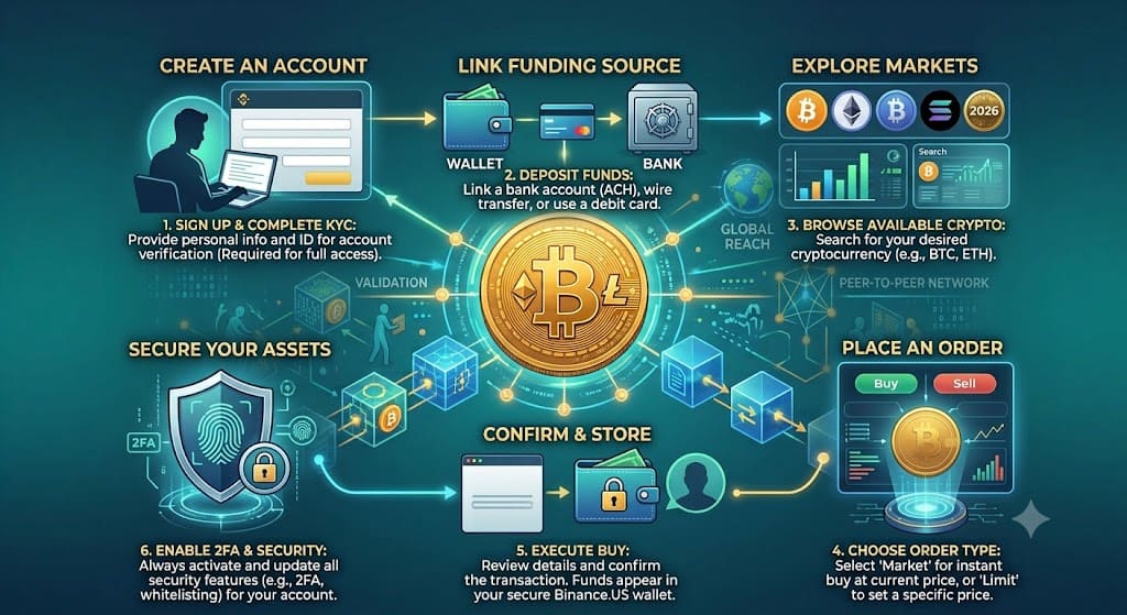Infographic showing the step-by-step process of buying cryptocurrency, including creating an account, verifying identity, funding a wallet, exploring crypto markets, placing an order, and securing digital assets.