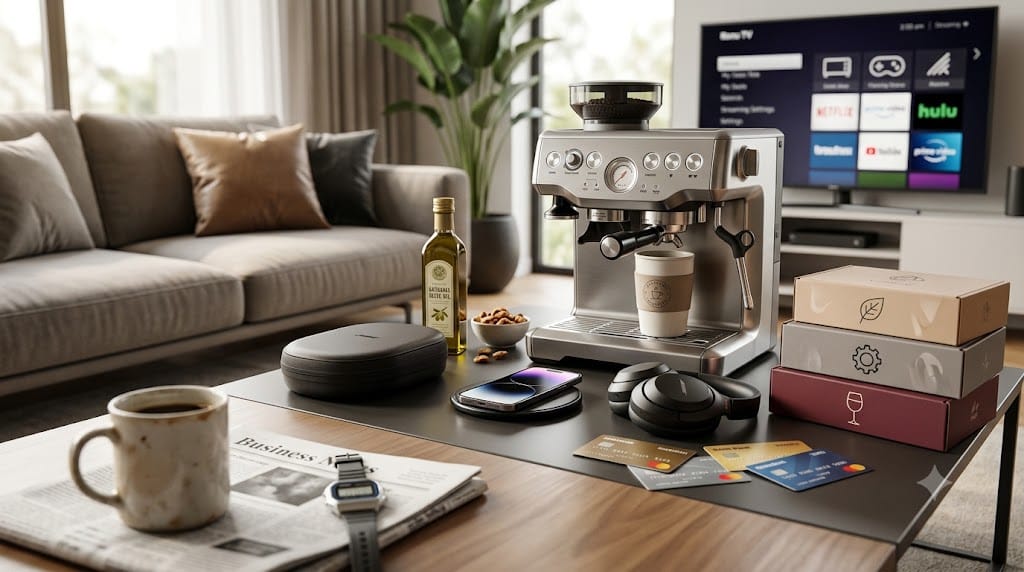 Modern living room with everyday household items including a coffee machine, streaming TV, smartphone, headphones, subscription boxes, and credit cards representing common monthly expenses.