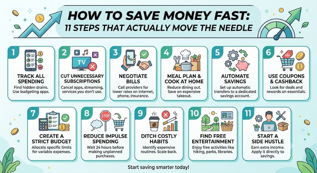 Infographic showing 11 practical ways to save money fast, including budgeting, meal planning, automating savings, reducing subscriptions, and starting a side hustle
