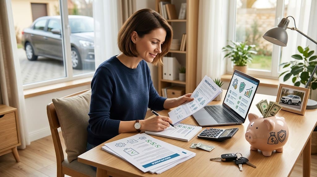 Person reviewing car insurance documents with a laptop, calculator, piggy bank, and car keys while planning ways to reduce auto insurance costs.
