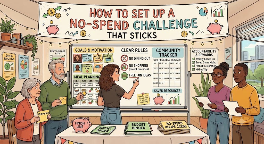 People planning a no-spend challenge with budgeting goals, spending rules, meal planning, savings trackers, and accountability strategies.