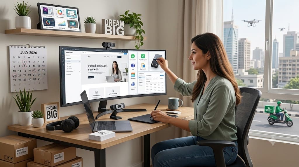 Person working from a home office with a computer, online business dashboard, and digital tools while building a home-based business with little investment in 2026.