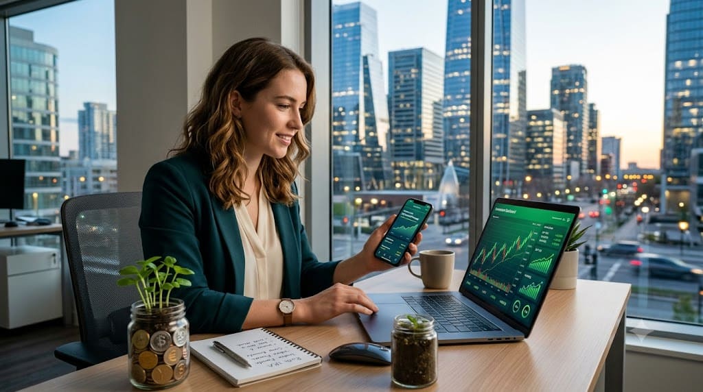 Young investor using a smartphone and laptop to track investments while saving money in jars, illustrating how to start investing with a small budget.