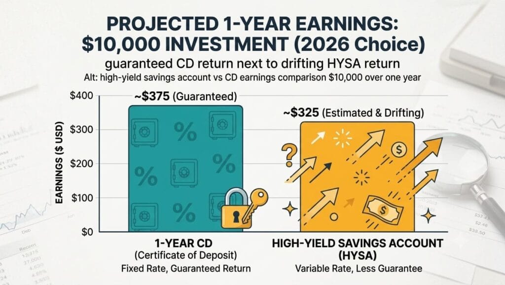 Compare estimated one-year earnings from a $10,000 investment in a High-Yield Savings Account versus a 1-Year Certificate of Deposit.