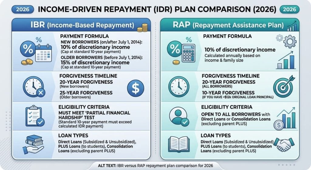 2026 student loan repayment decision flowchart showing how borrowers choose between IBR and RAP after the SAVE plan.