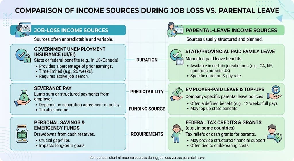 Infographic comparing income sources during job loss and parental leave, including unemployment benefits, severance pay, emergency savings, paid family leave, employer benefits, and tax credits.