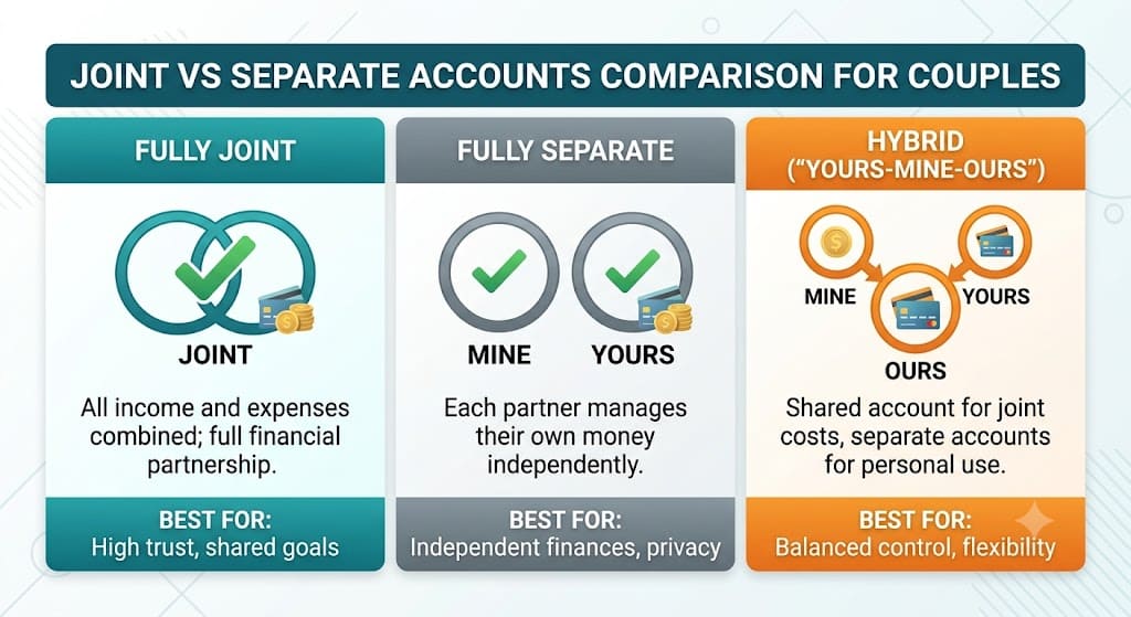 Infographic comparing joint, separate, and hybrid bank accounts for couples, highlighting how each budgeting method manages shared expenses and personal finances.