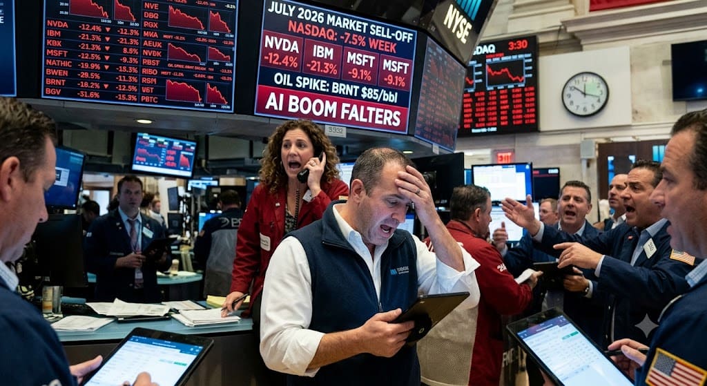 Stock traders reacting to a sharp market decline on the New York Stock Exchange as trading screens display falling stock prices and market losses during the July 2026 sell-off.