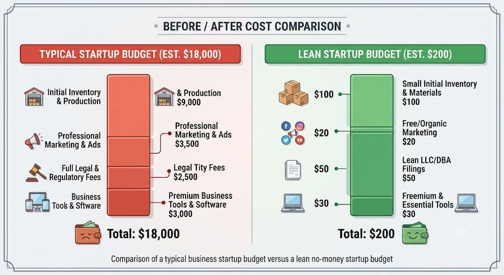 Comparison chart showing a traditional startup budget of $18,000 versus a lean startup budget of $200, breaking down costs for inventory, marketing, legal fees, and business software to illustrate affordable ways to start a business.