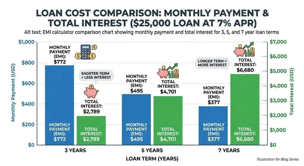 Loan cost comparison chart showing monthly EMI and total interest for a $25,000 loan at 7% APR over 3-year, 5-year, and 7-year repayment terms.