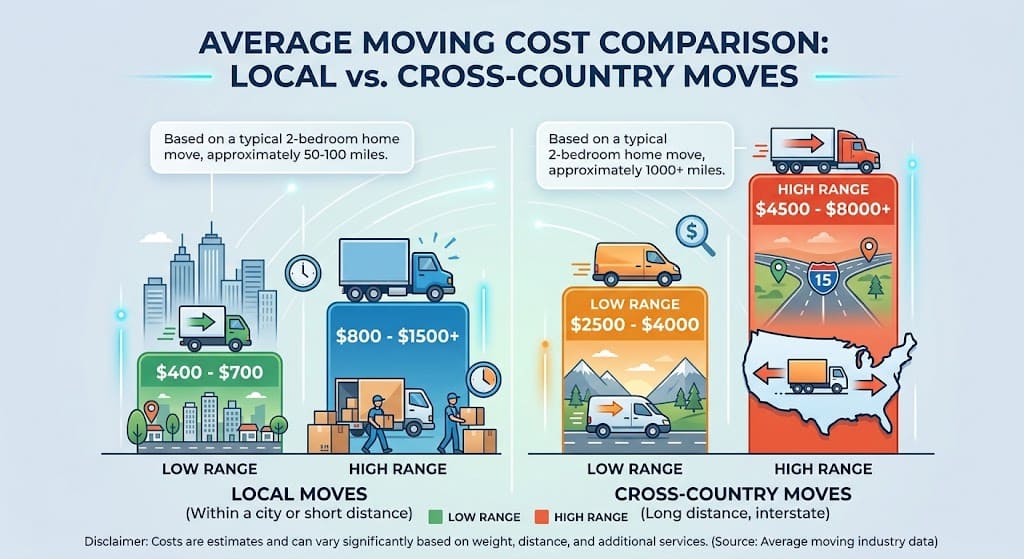 Infographic comparing average moving costs for local and cross-country moves, showing estimated price ranges for short-distance and long-distance relocations.